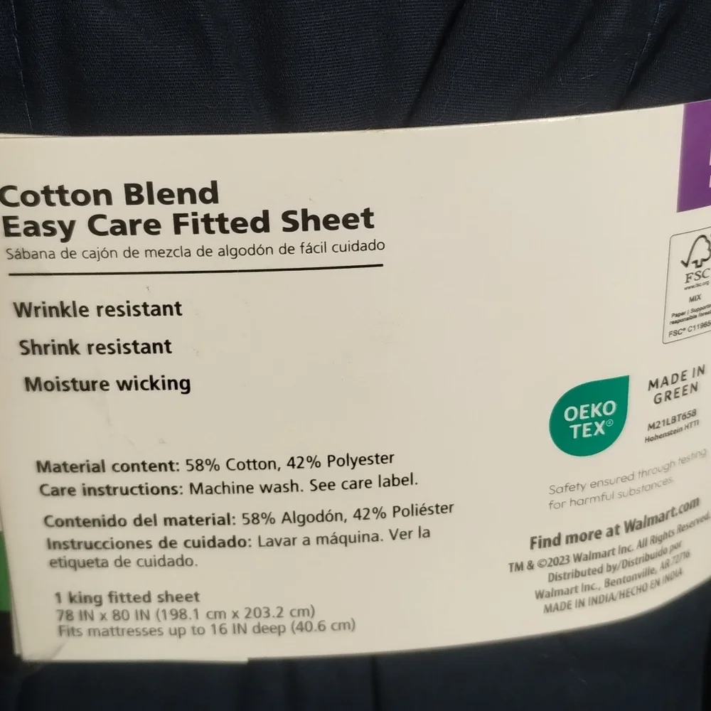 2 New Mainstays Navy Cotton Blend King Size Fitted Sheet